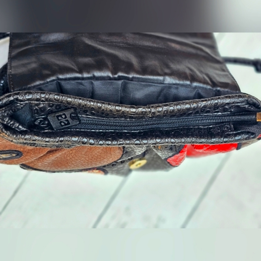 RARE Vintage NAS Alentino Black Leather Exotic Crossbody Purse Patchwork Gold - Picture 14 of 15